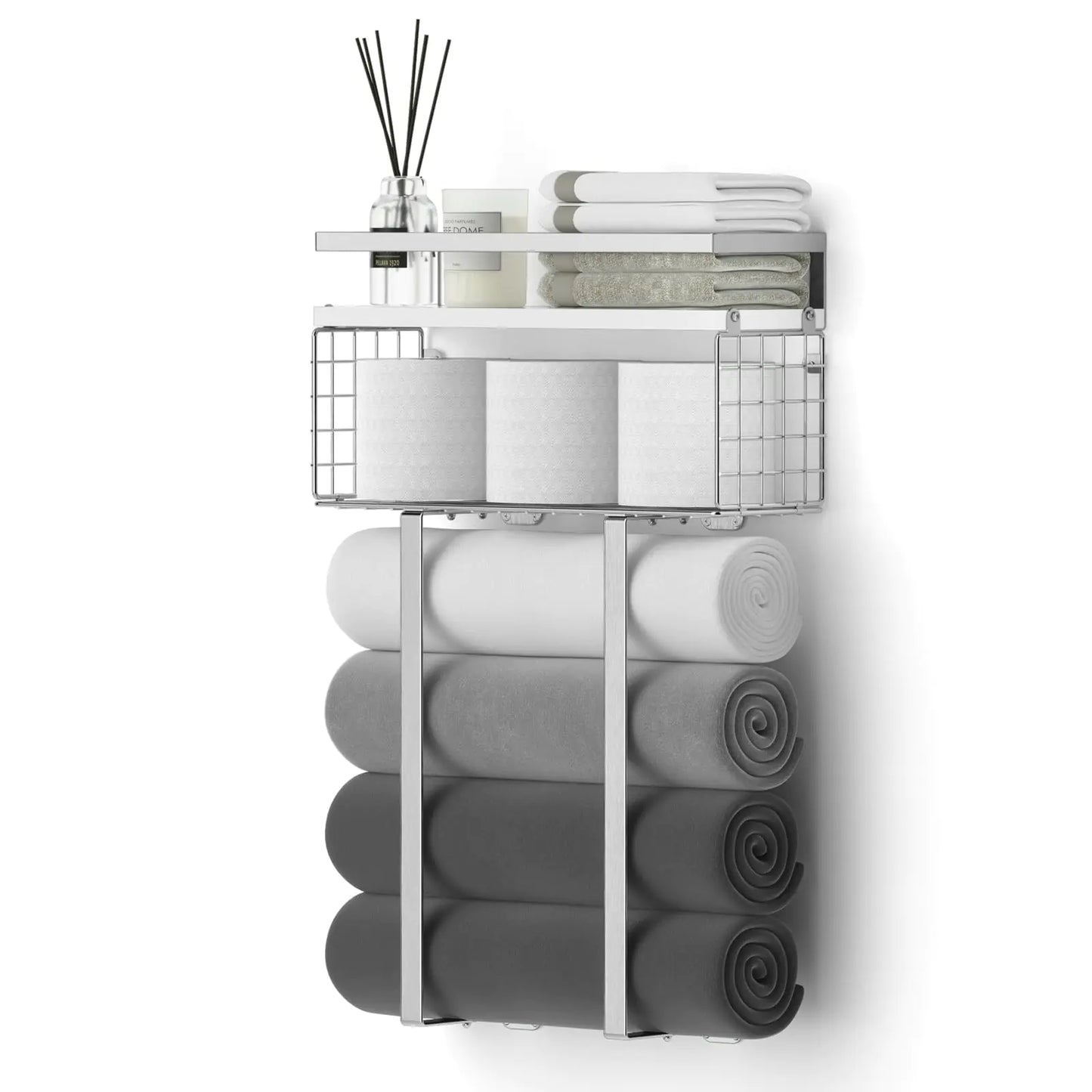 Over‑Toilet Bathroom Shelf with Towel Rack – Silver