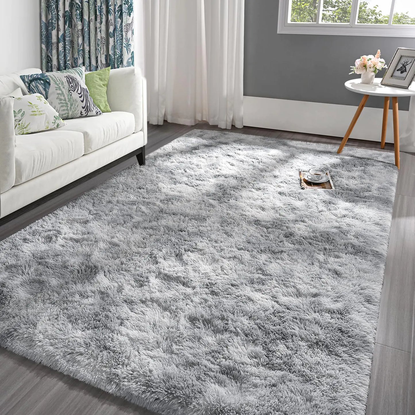 Pettop Fluffy Tie-Dye Rug – Light Grey (5x8 ft)